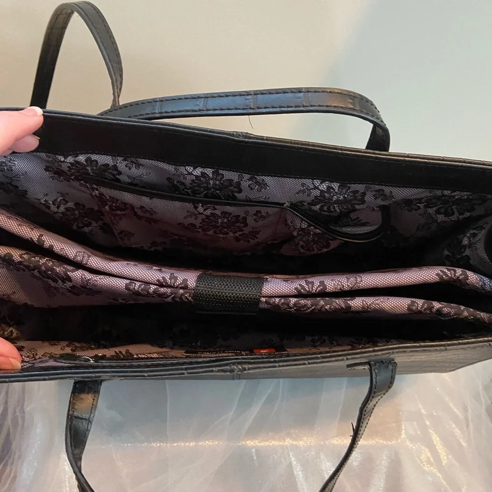 Wilsons Leather Black Croc-Embossed Laptop Tote with Top Handles